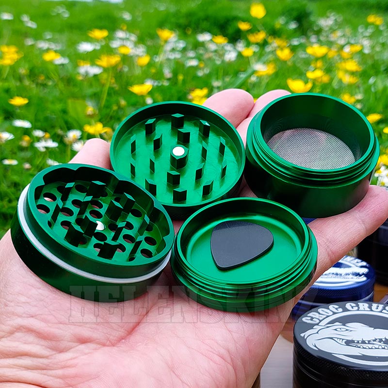 4 components of the Medium 4pc Green Croc Crusher Herb Grinder NZ