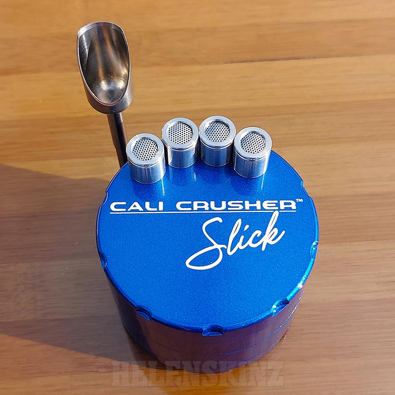 Blue Cali Crusher Slick herb grinder with 4 Dosing Capsules and Titanium Scoop