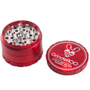 Red four-piece grinder with 'GrinderRoo' branding NZ