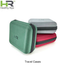 Three travel cases in green, gray, and red with 'Healthy Rips' branding