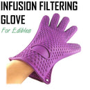 Purple silicone glove with text 'Infusion Filtering Glove For Edibles'