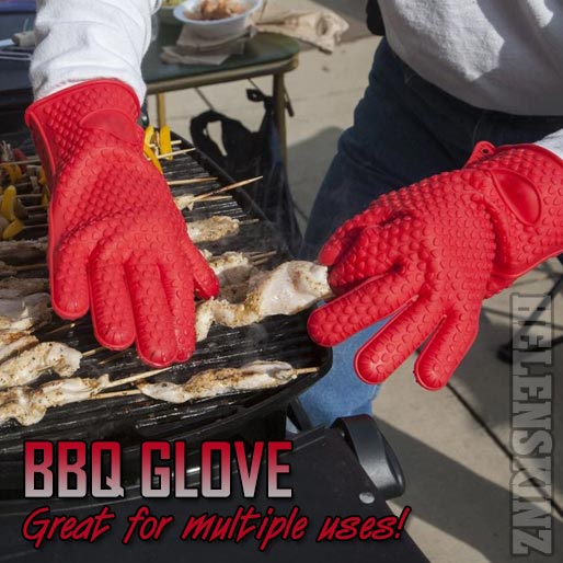 Person wearing red barbecue gloves cooking on a grill with text 'BBQ Glove Great for multiple uses!'.