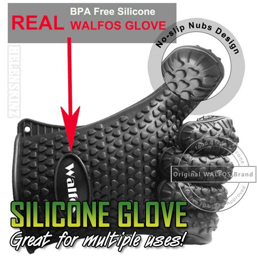 Black silicone glove with text highlighting features and branding by WALFOS NZ.