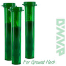 Three green plastic containers for ground herb with a brand name on a white background