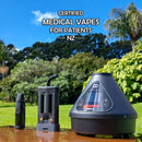 Three medical vapes on a wooden surface with a natural background