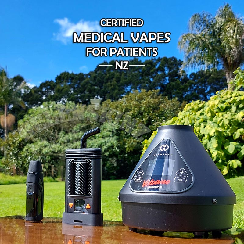 Three medical vapes on a wooden surface with a natural background