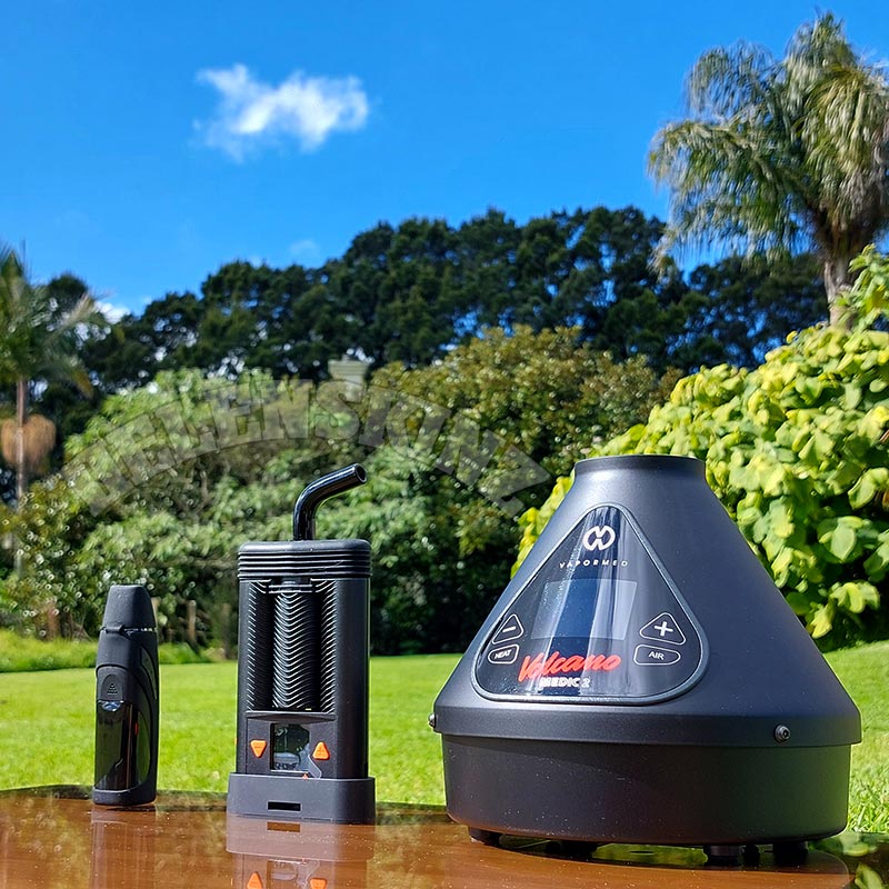 Volcano, Mighty+ with Bent Stem and Elite 2 vapes