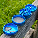 Overhead view of all 4 pieces of the Sapphire OG GrindeRoo Herb Grinder NZ
