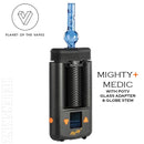 Mighty+ Medic device with glass adapter and globe stem, featuring 'Planet of the Vapes' logo.