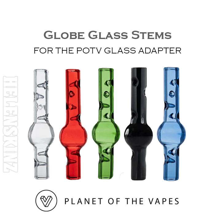 Five glass globe stems for a potv glass adapter on a white background with 'Planet of the Vapes' branding.