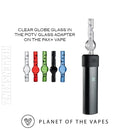 Pax+ vape with clear globe and a glass adapter and colorful glass pieces featuring Planet of the Vapes branding.