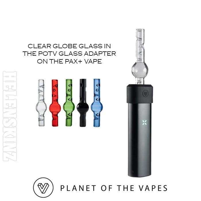 Pax+ vape with clear globe and a glass adapter and colorful glass pieces featuring Planet of the Vapes branding.