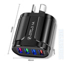 Black USB charger with four ports and measurements