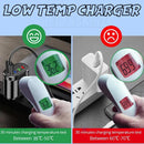 Comparison of a low temp charger with digital thermometers showing temperature readings.
