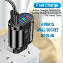 4-port USB charger with LED indicators on a white background, featuring text about fast charging capabilities.