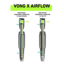 Diagram comparing traditional and new VONG X AIRFLOW designs with labeled airflow and vapor paths.