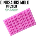 Pink silicone mold with dinosaur shapes on a white background