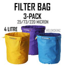 Three filter bags in yellow, purple, and blue with HELENSKINZ