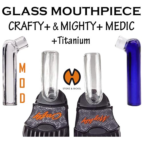 Glass mouthpieces with 'Storz & Bickel' branding on a white background