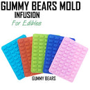 Five colorful gummy bear molds on a white background with text indicating their use for edibles.