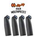 Four black mouthpieces with blue bands on a white background, featuring the 'Mighty S&B' logo.