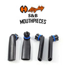 Black mouthpieces with blue gaskets on a white background, branded as S&B Mouthpieces.
