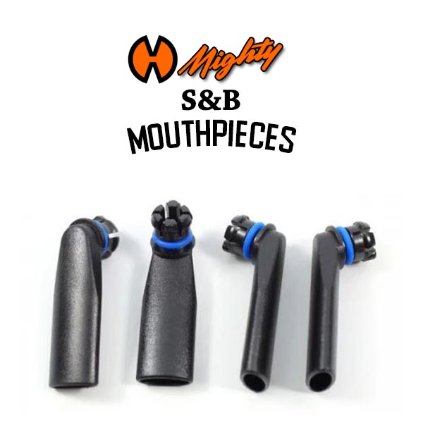 Black mouthpieces with blue gaskets on a white background, branded as S&B Mouthpieces.
