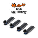 Four black mouthpieces with blue gaskets on a white background, featuring the Mighty S&B Mouthpieces logo.